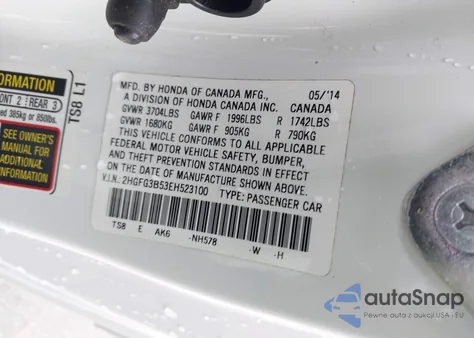 2014 Honda Civic Lx from USA, damaged, VIN 2HGFG3B53EH523100